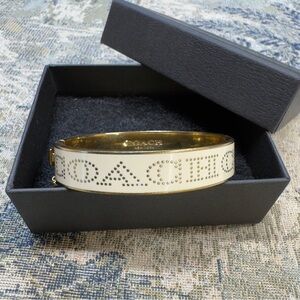 Coach Half Inch Hinged Enamel Gold‎ Bangle Bracelet w/ Engraved Logo EUC